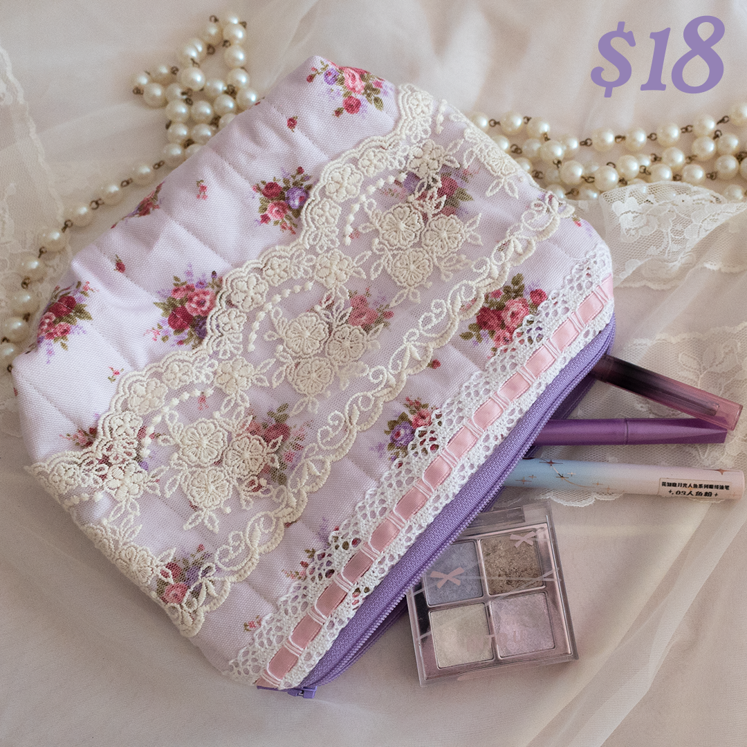 Coquette Lavender Purple Lace Quilted Makeup Bag