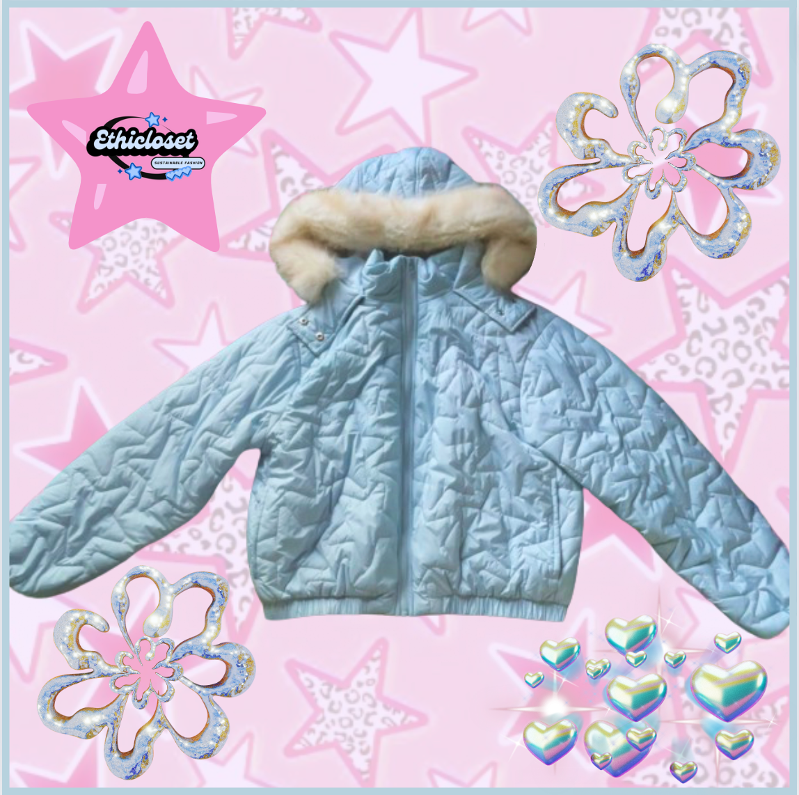 light blue jacket with pink star embroidery and faux fur hood