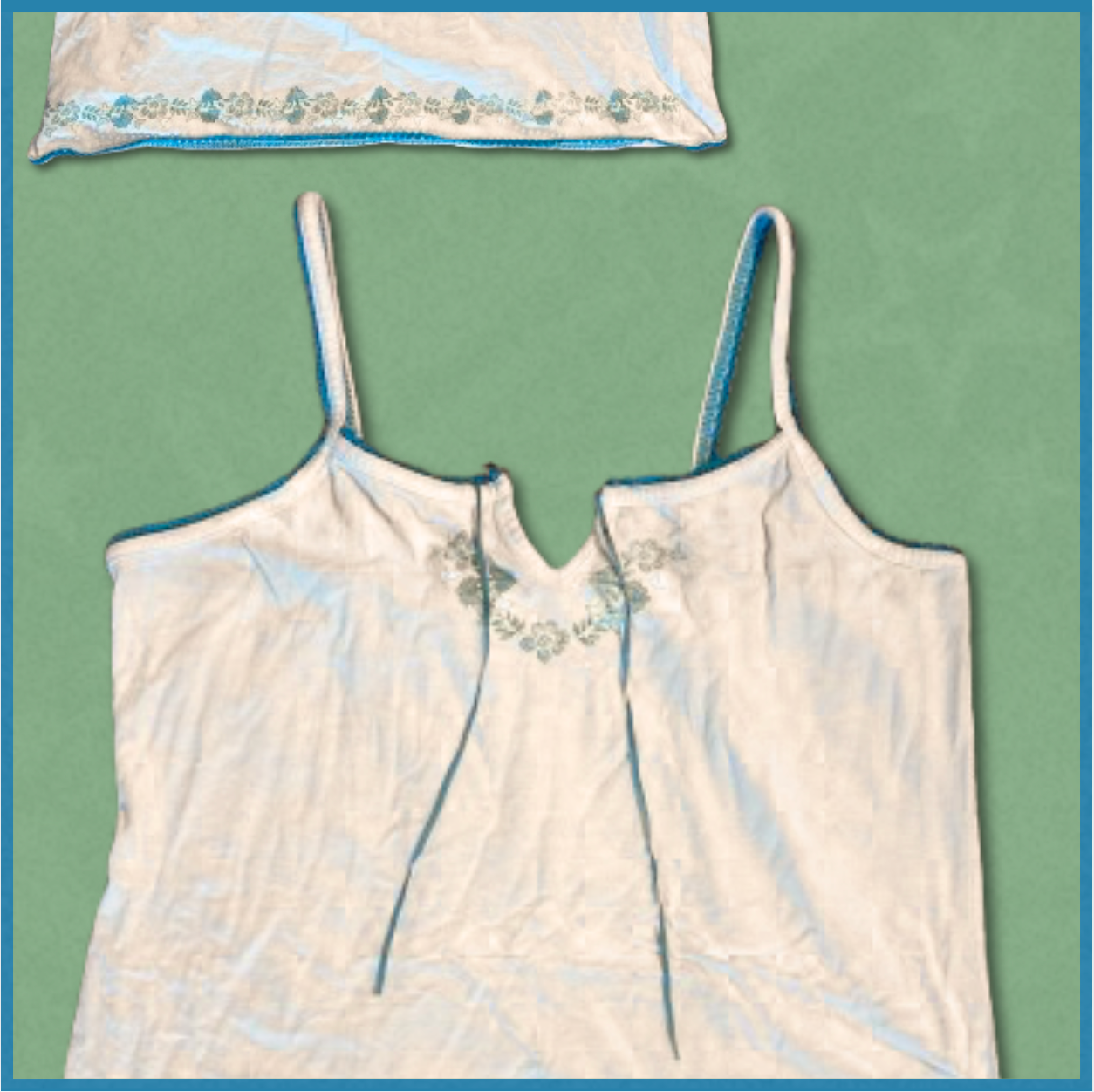 white + blue/green short dress with floral design
