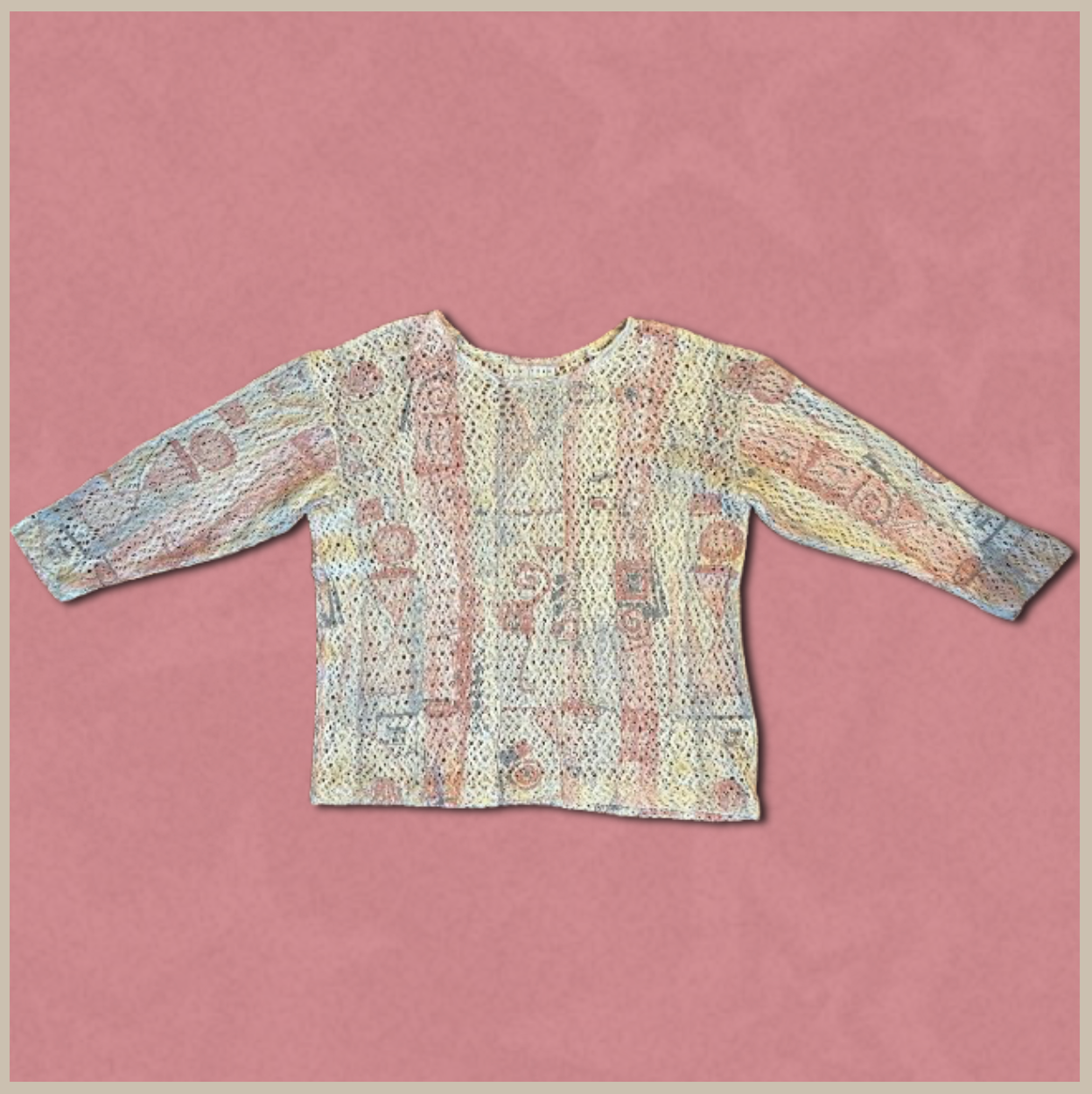 knitted cream + red/blue top with patterned design