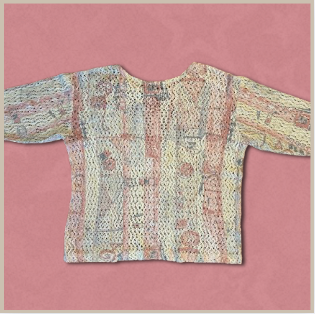 knitted cream + red/blue top with patterned design