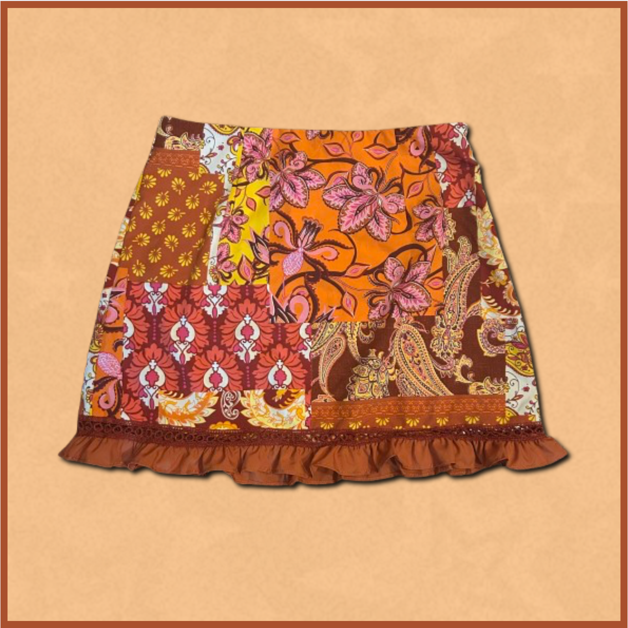orange + red/yellow patterned skirt