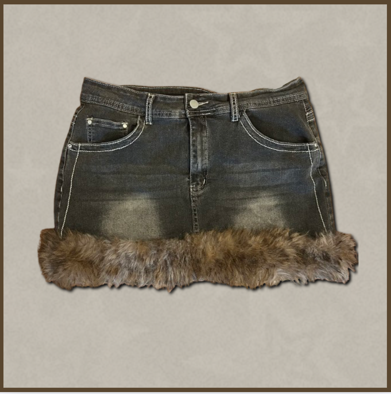 dark wash jean skirt with fur bottom