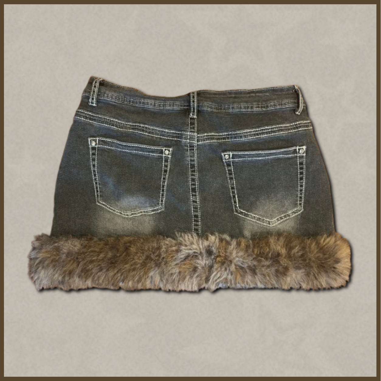 dark wash jean skirt with fur bottom