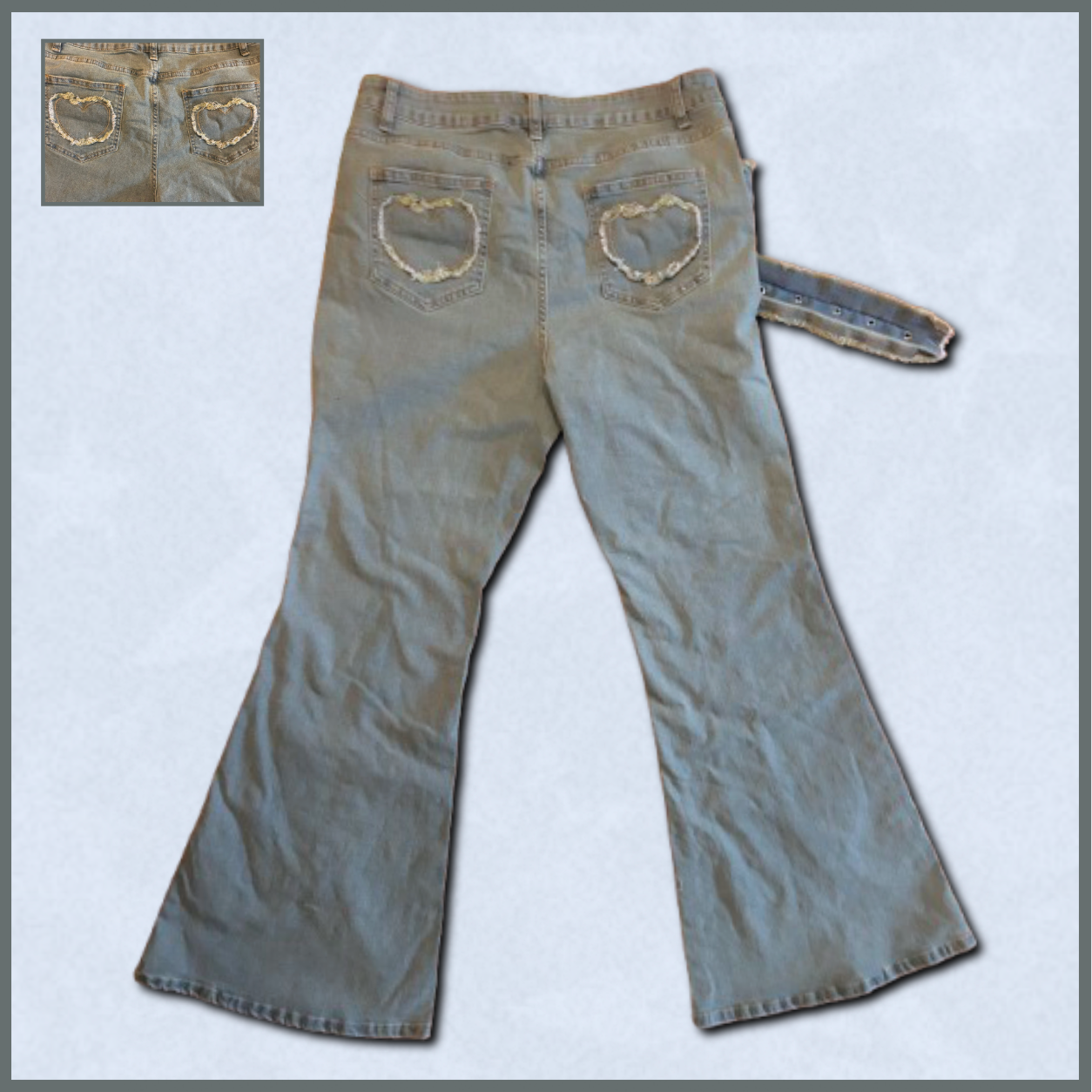 light wash jeans with heart-buckled belt design