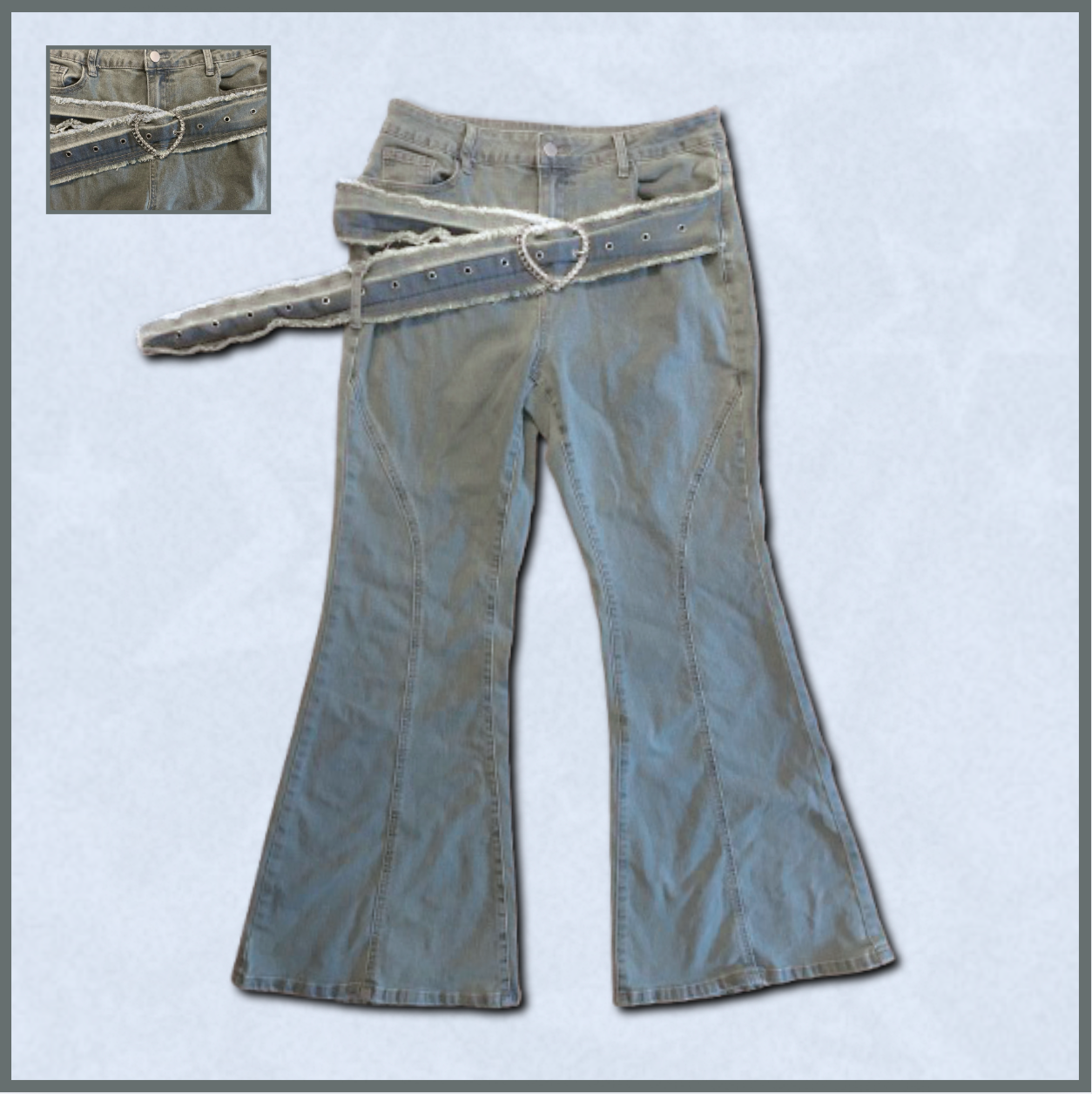 light wash jeans with heart-buckled belt design