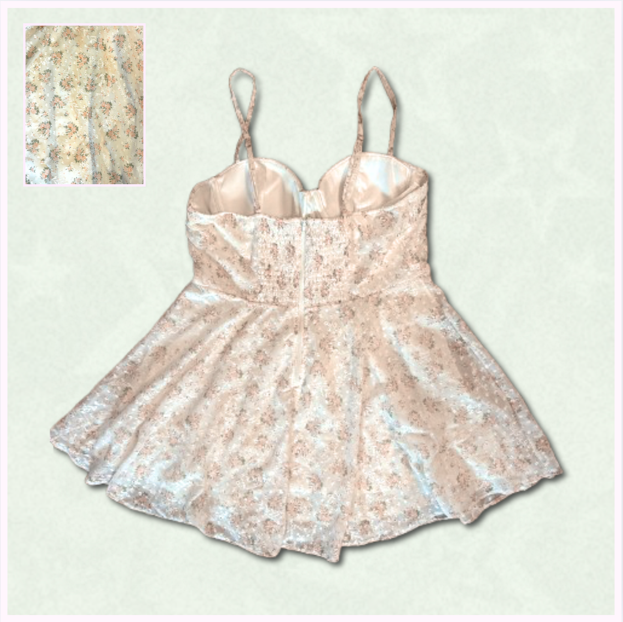 white + pink/green shorter dress with floral embroidery