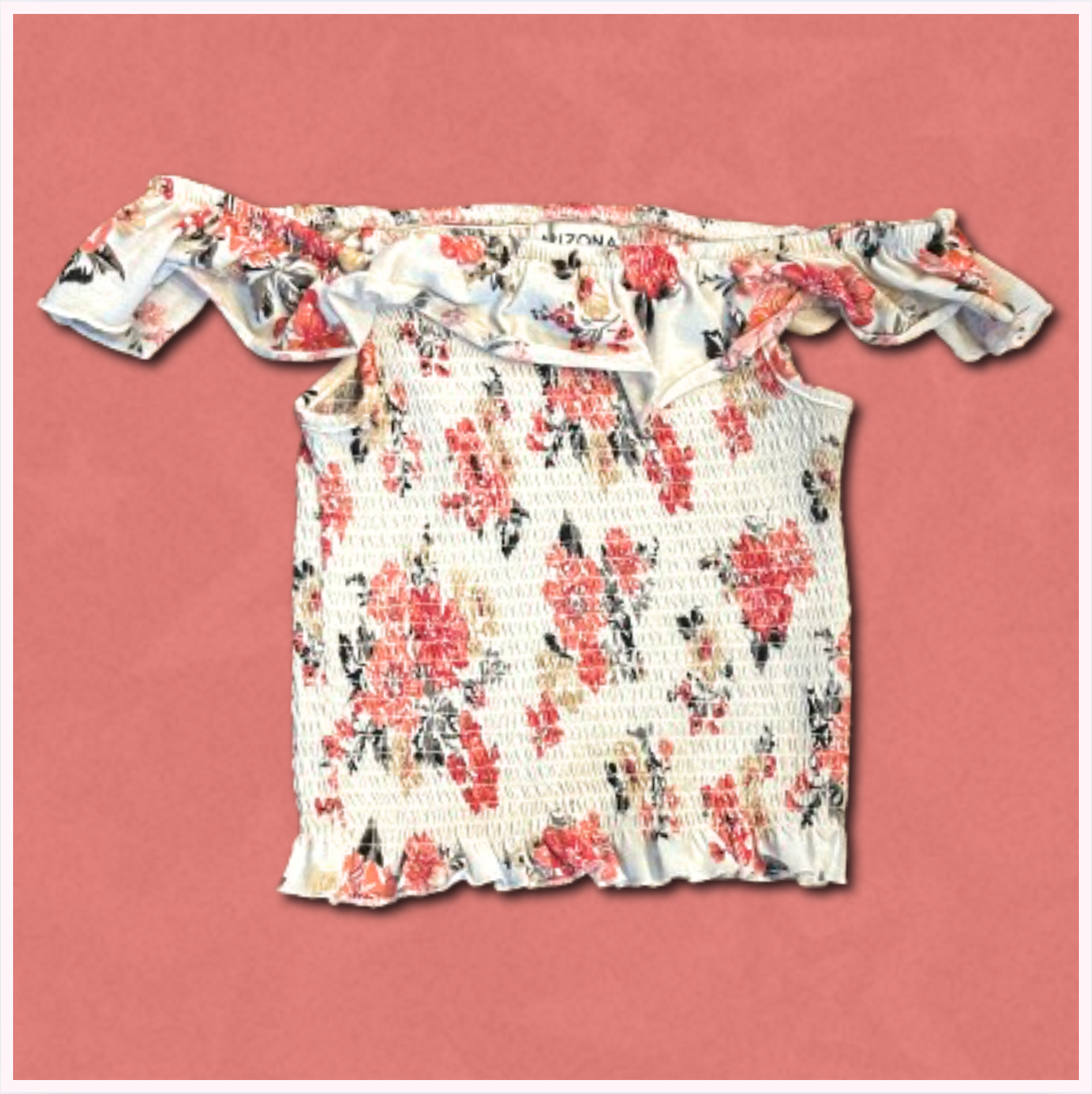 off-shoulder white shirt with pink floral design