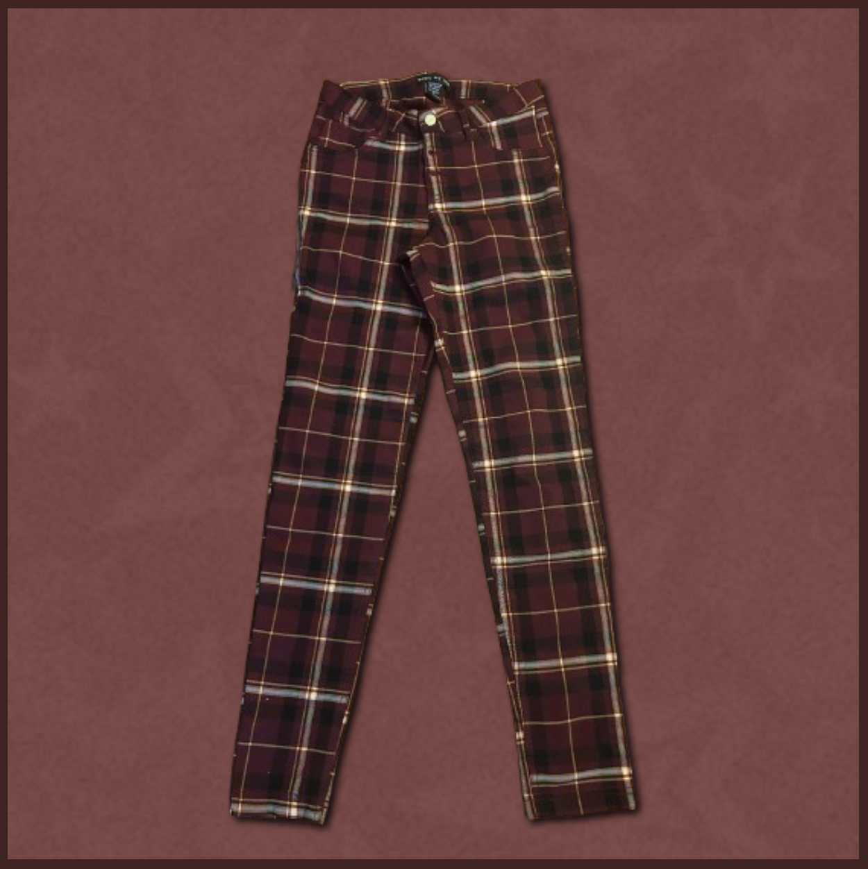 dark burgundy pants with black/yellow plaid pattern