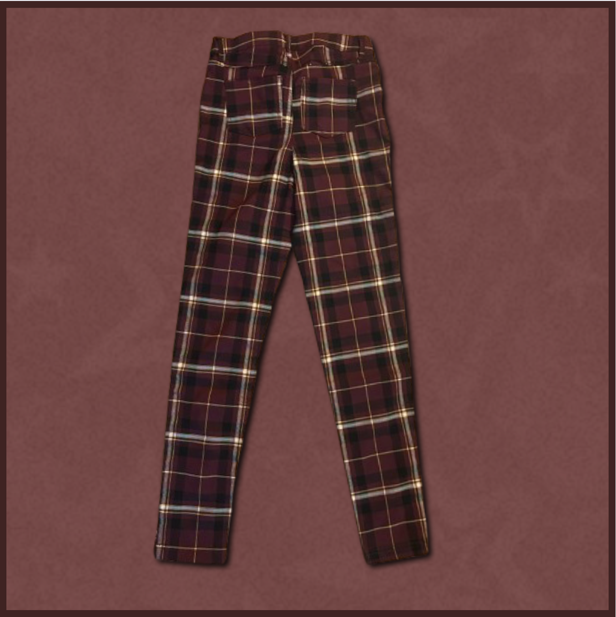 dark burgundy pants with black/yellow plaid pattern