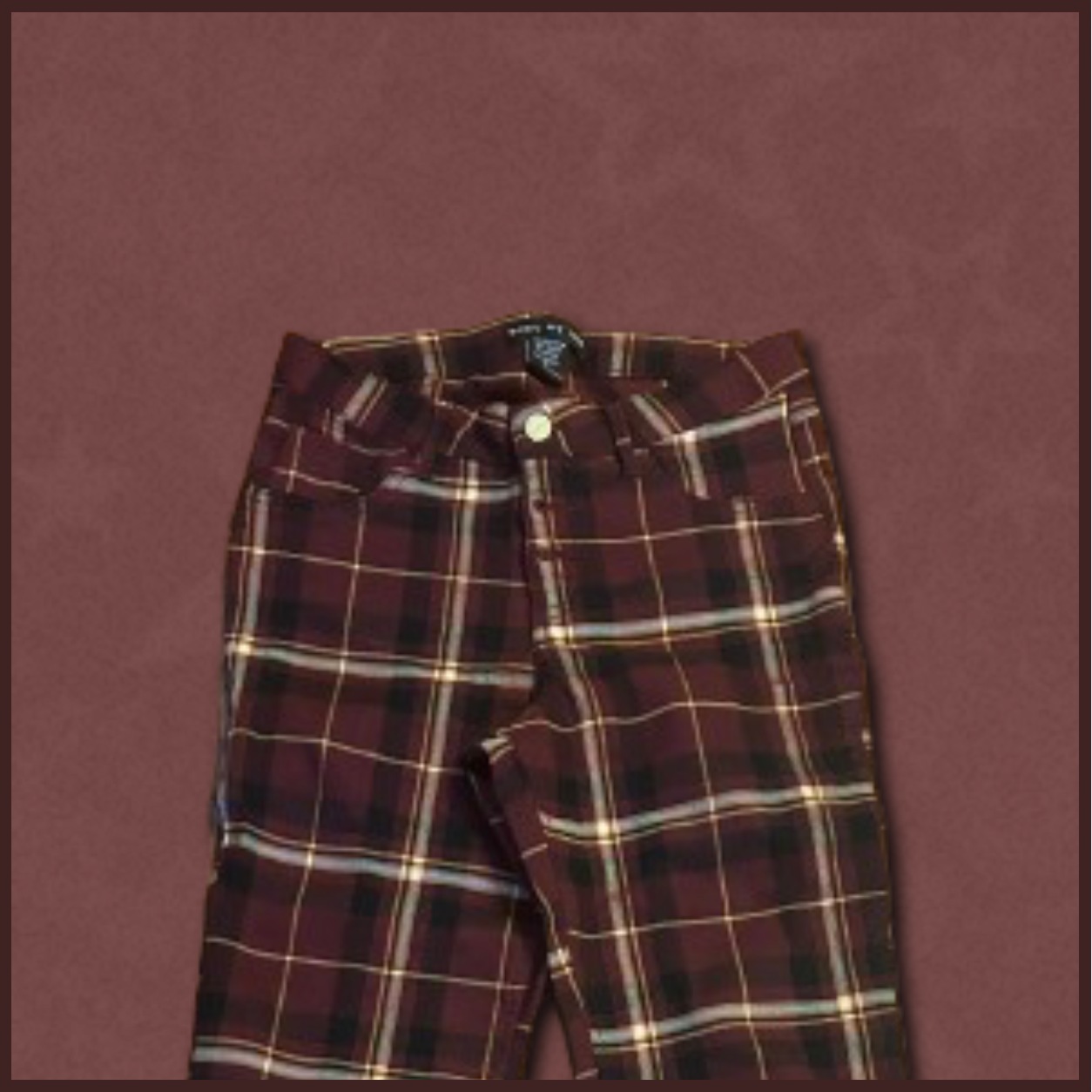 dark burgundy pants with black/yellow plaid pattern