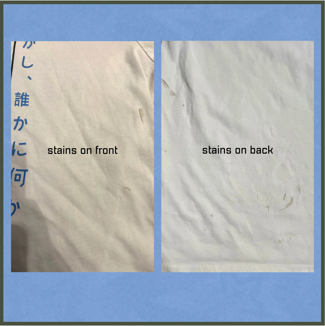 white tee with blue floral design