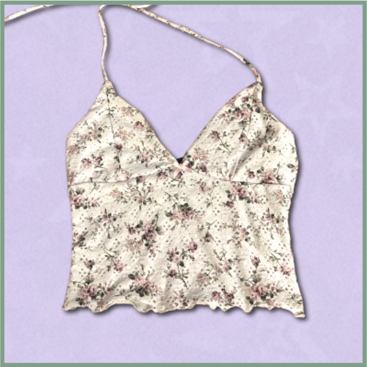 white + purple floral tie-up halter top