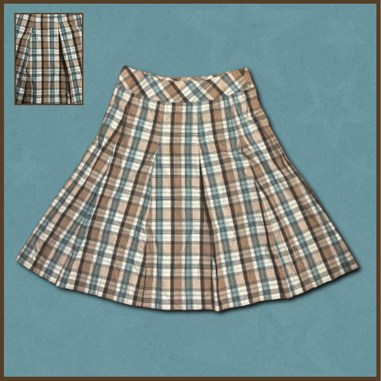 brown/blue/white plaid pleated midi skirt