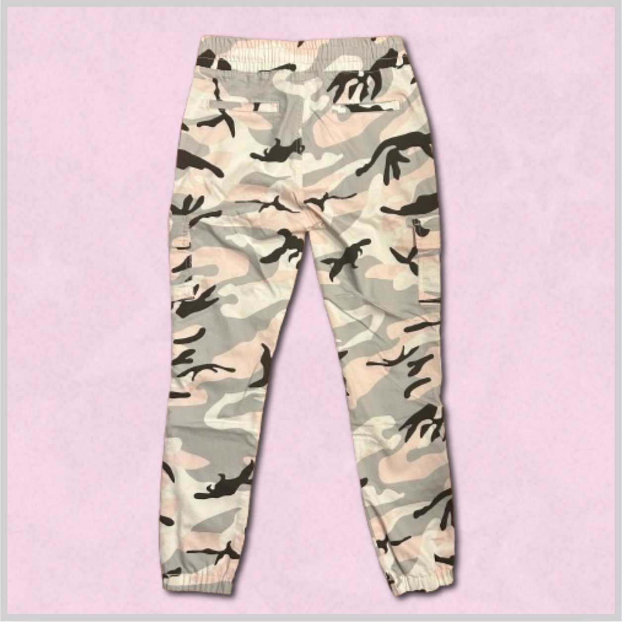 pink/gray/white/black camo-patterned pants
