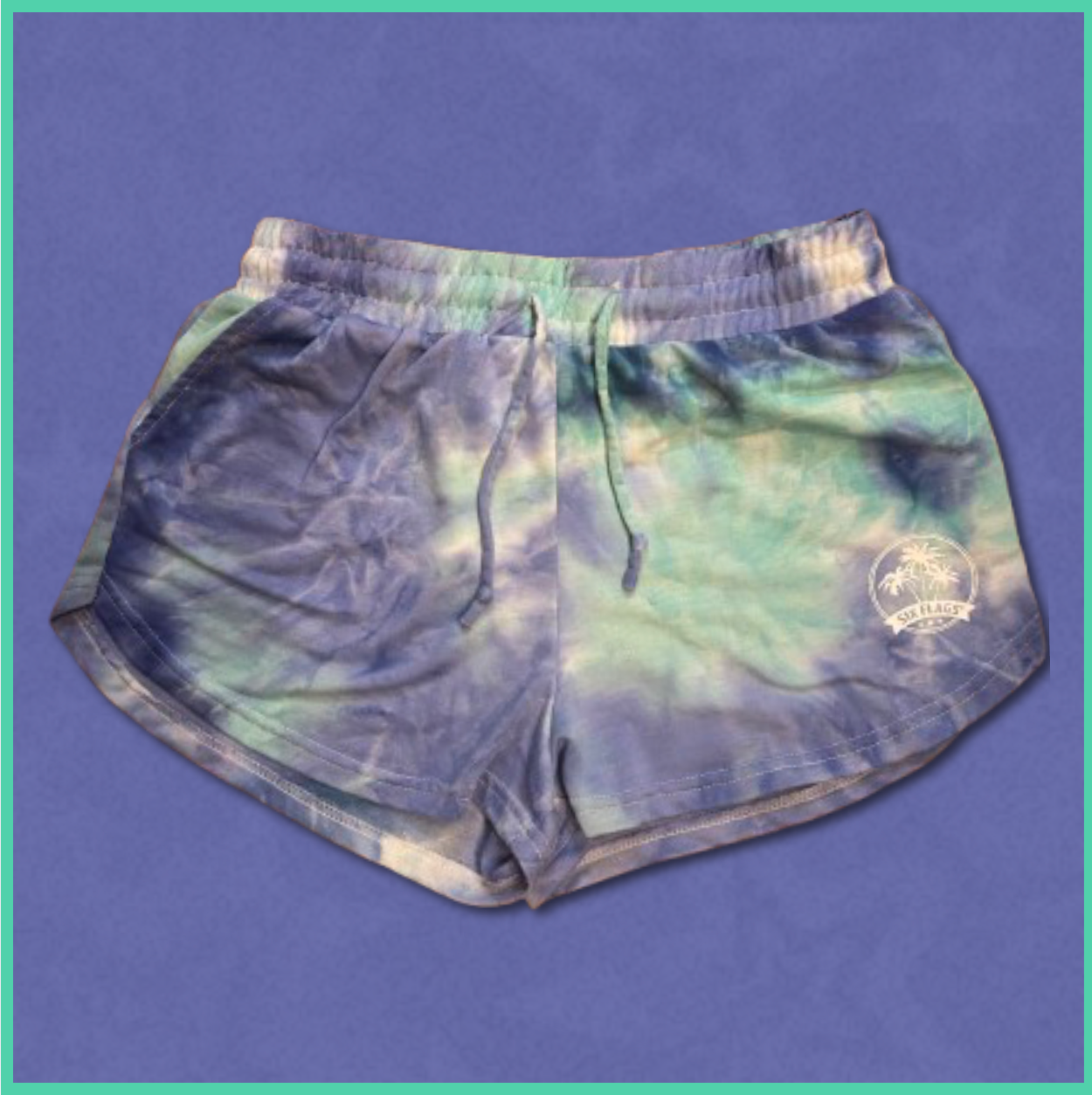 blue "six flags" tie-dye shorts