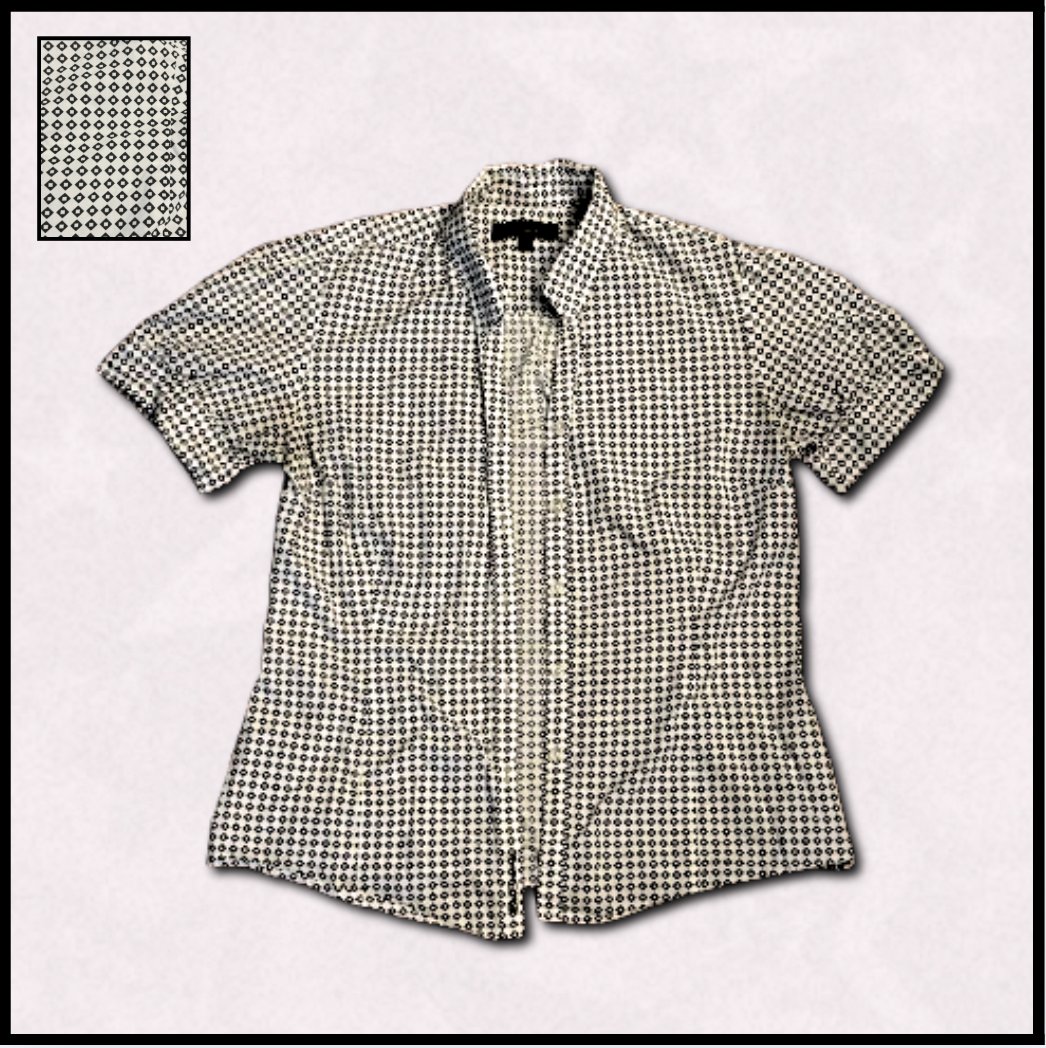 black an white patterned button-up