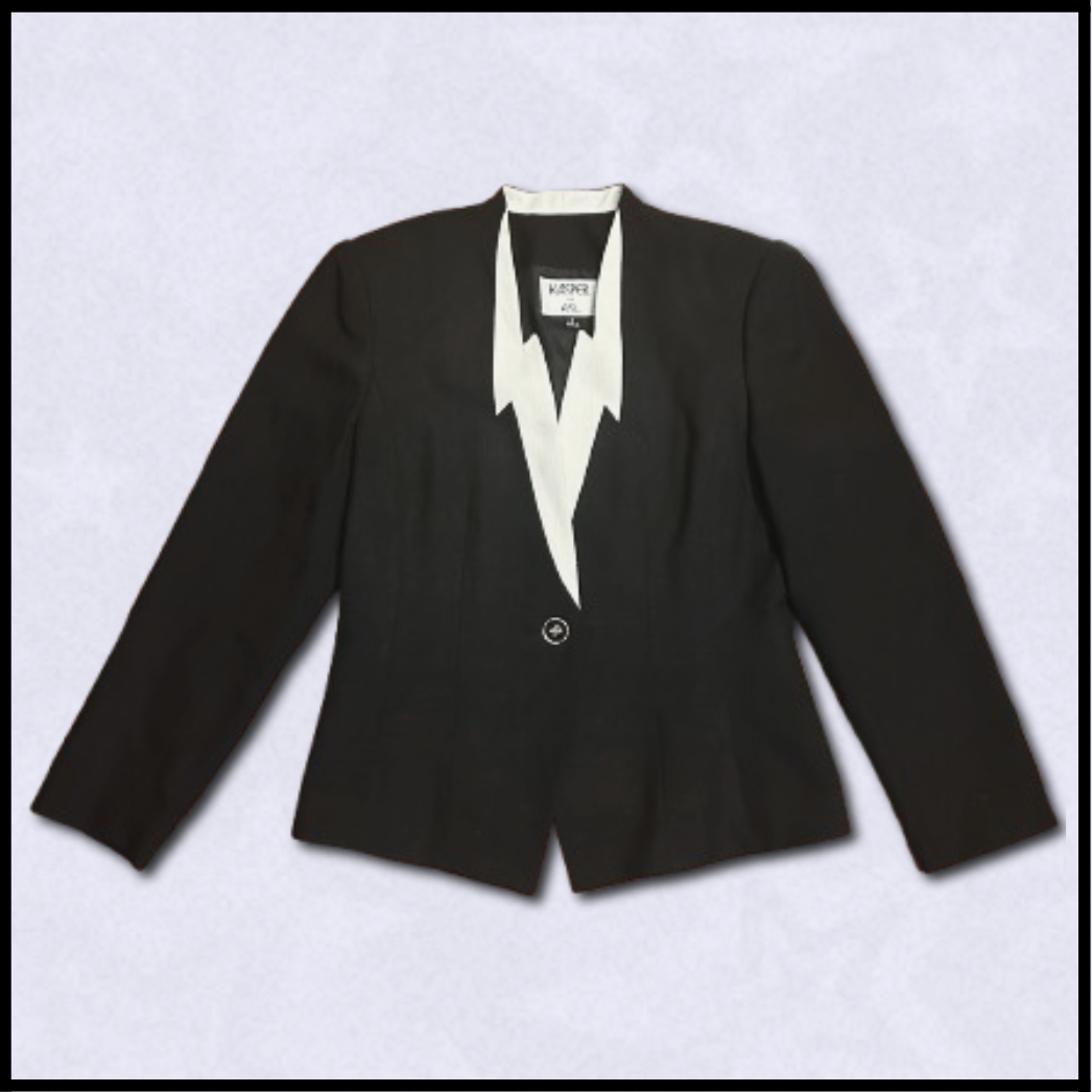 black + white blazer with gold-colored button