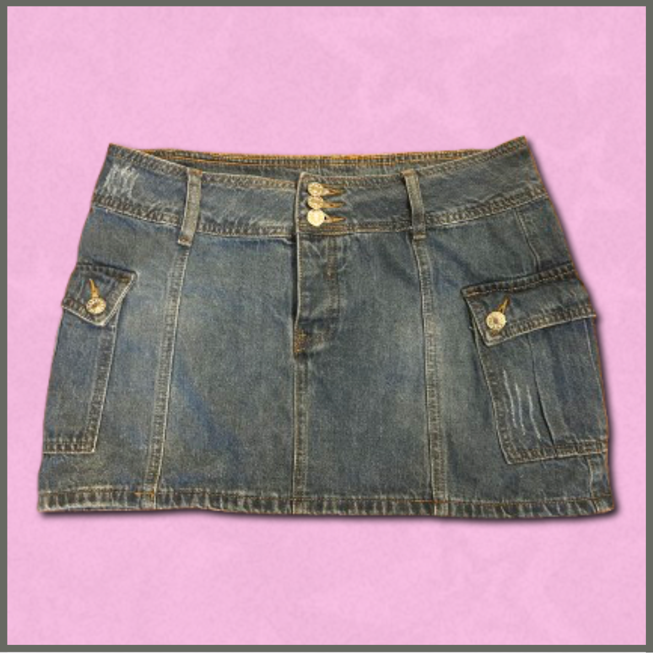 medium-wash mini jean skirt with larger pockets
