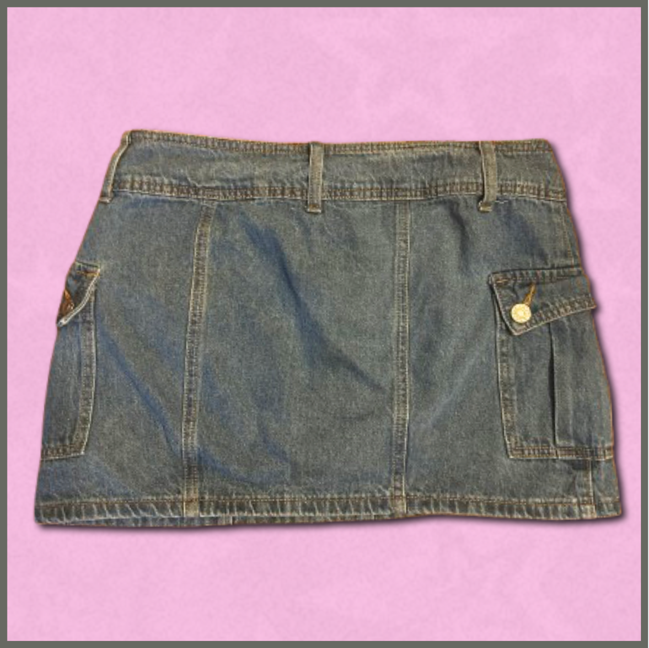 medium-wash mini jean skirt with larger pockets