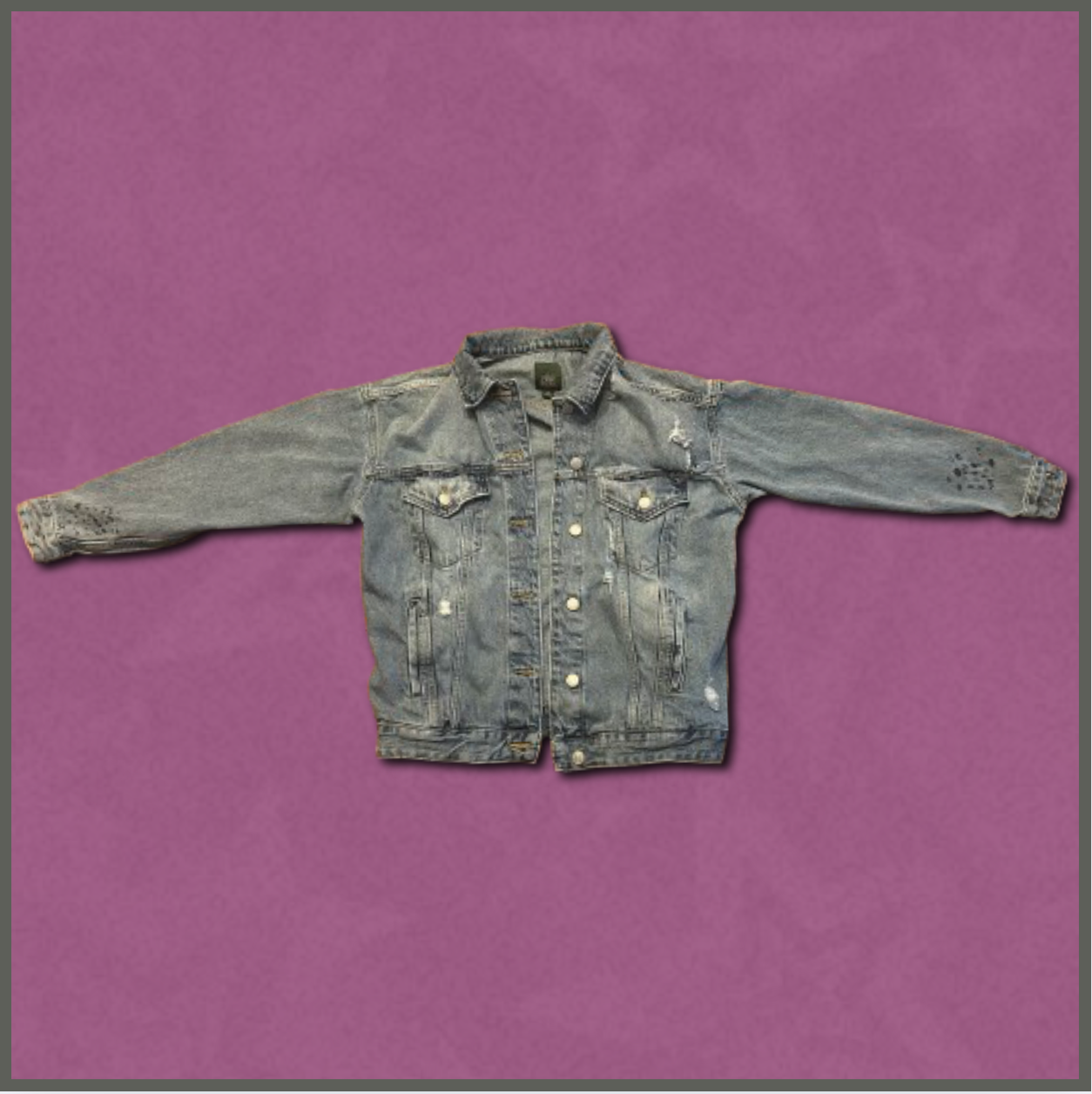 medium-wash heavy distressed denim jacket