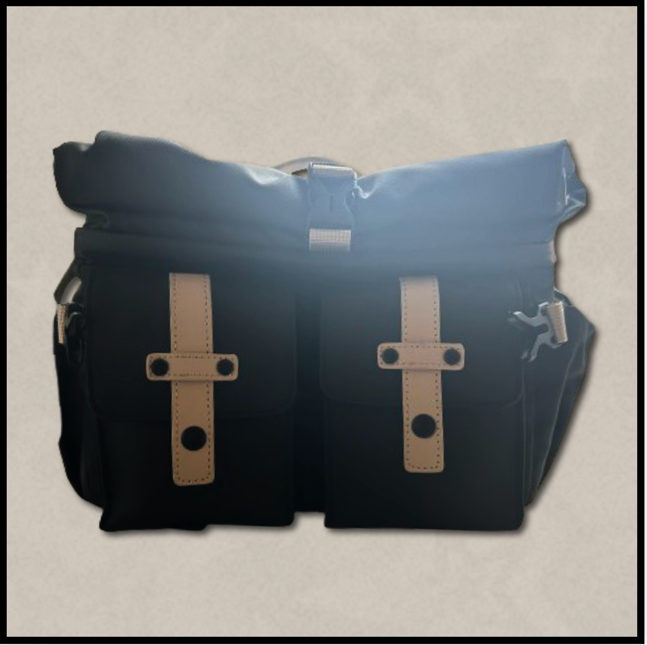 black multi-pocketed bag with beige strap