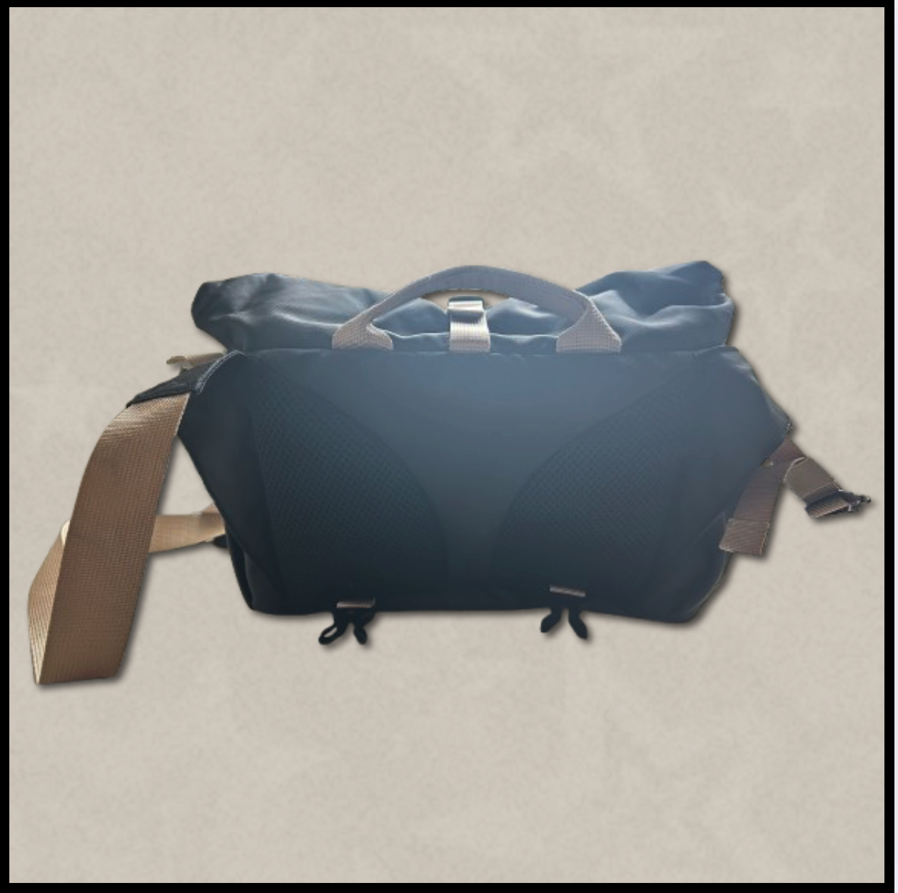 black multi-pocketed bag with beige strap