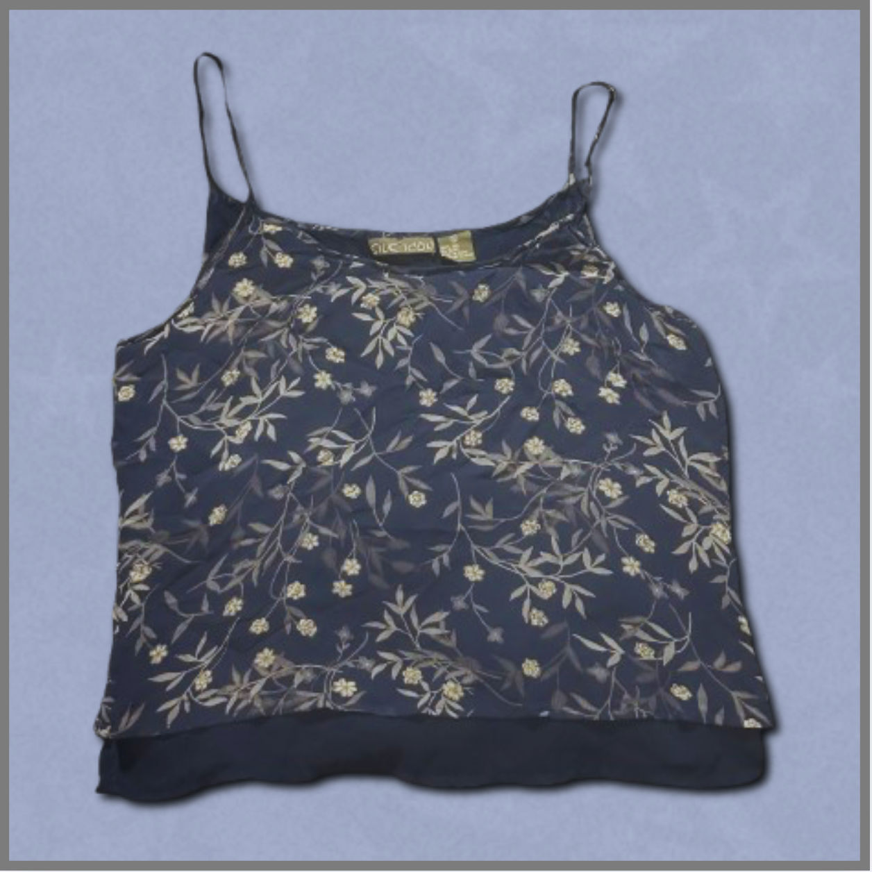 dark navy + greenish gray mesh tank top with floral design