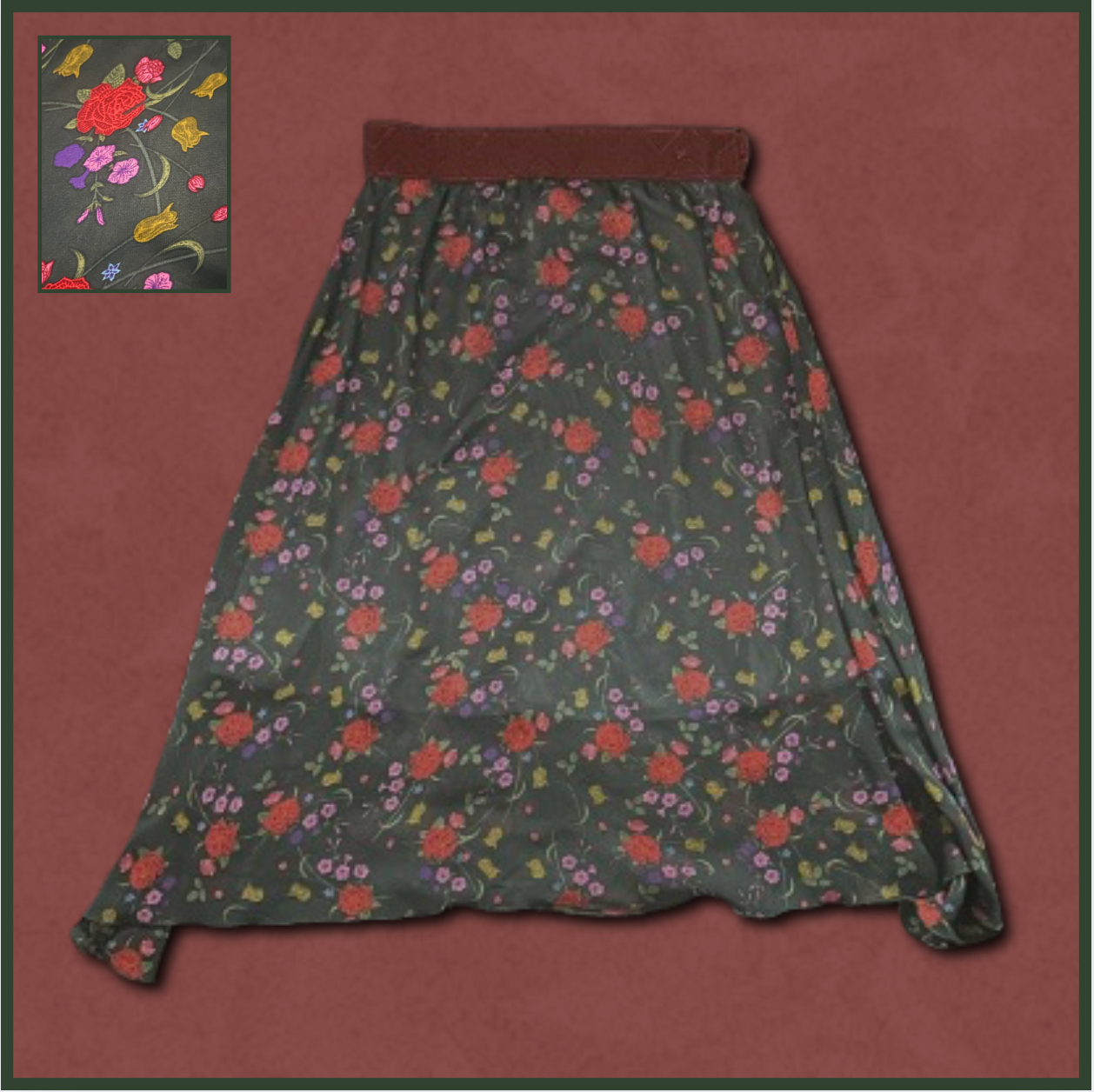 dark green midi skirt with multicolored floral design