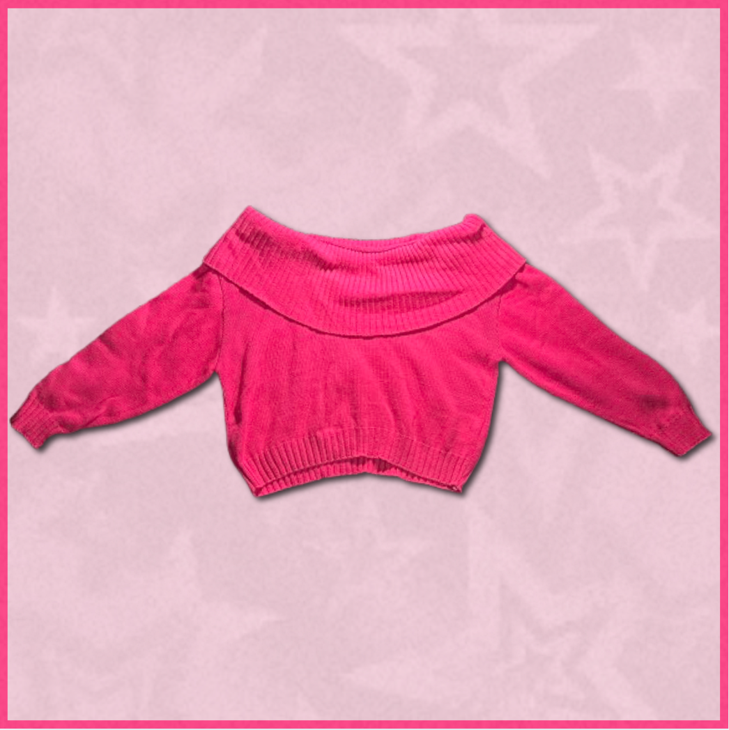 darker pink cropped sweater with off-shoulder design