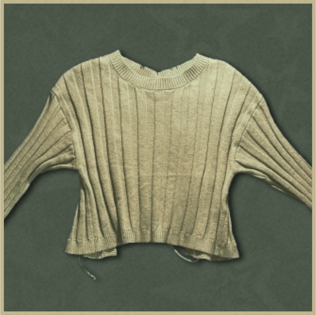 pale green ribbed sweater with open/tie-up back design