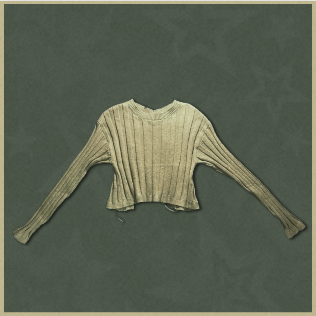 pale green ribbed sweater with open/tie-up back design