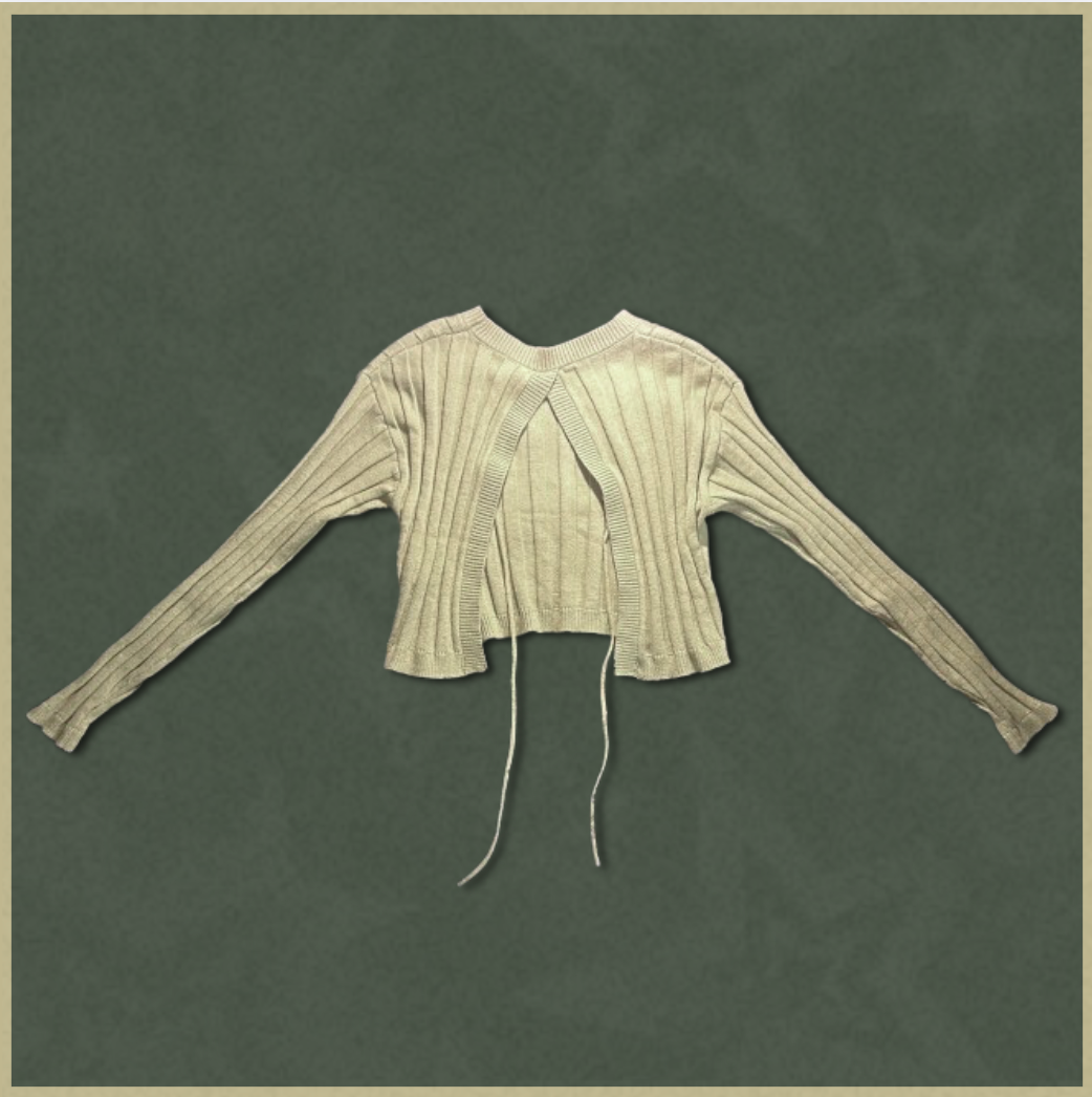 pale green ribbed sweater with open/tie-up back design