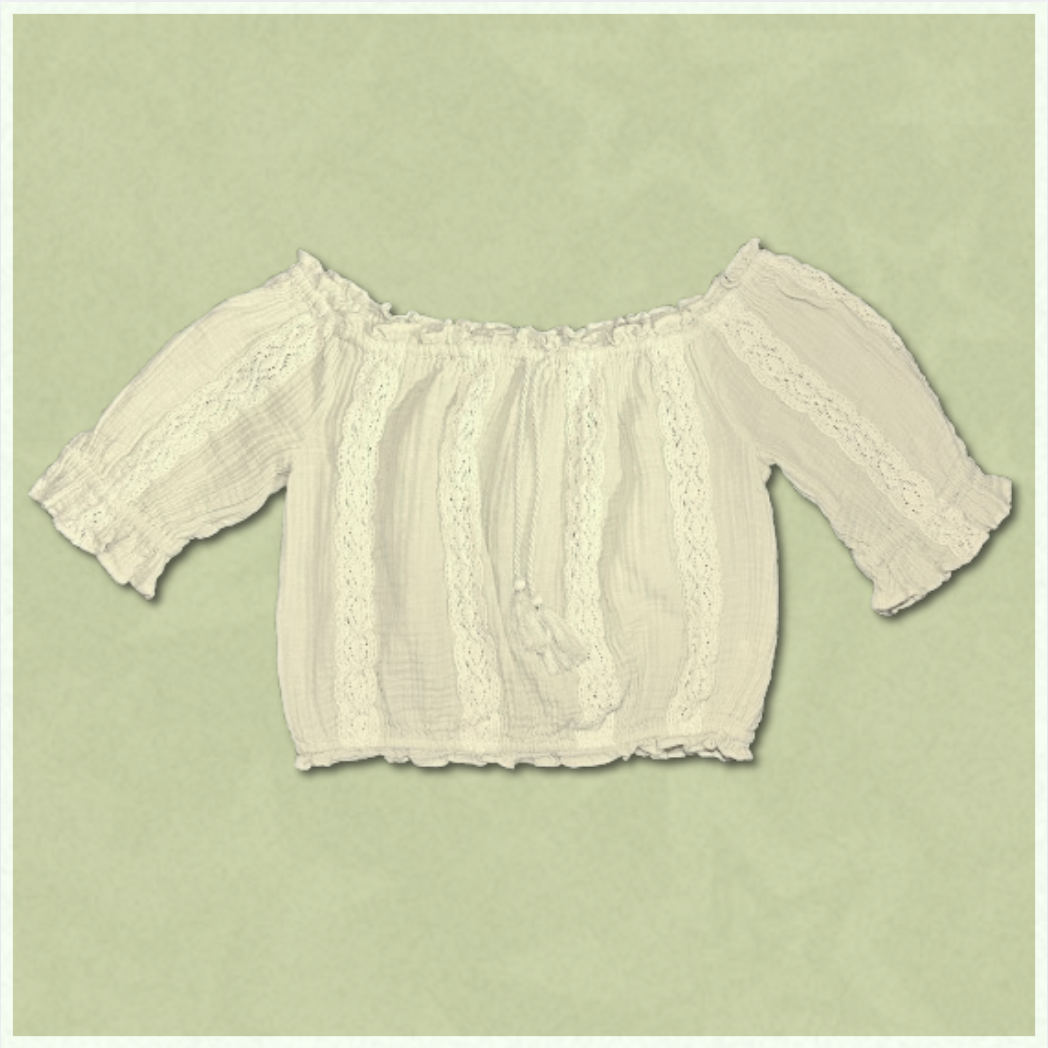 pale green off-shoulder top with fluffy drawstring design