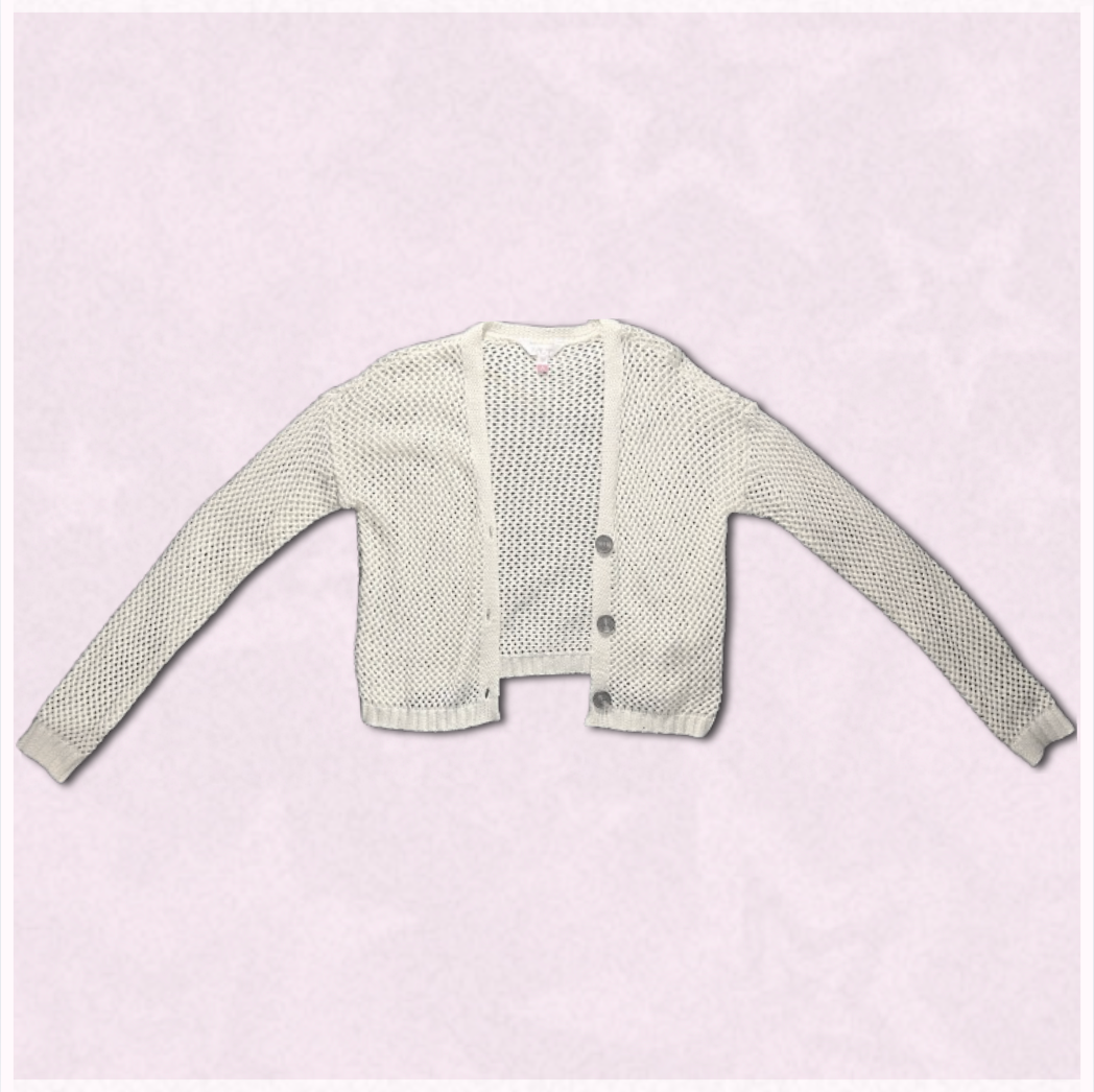 off-white knitted cardigan with brown buttons