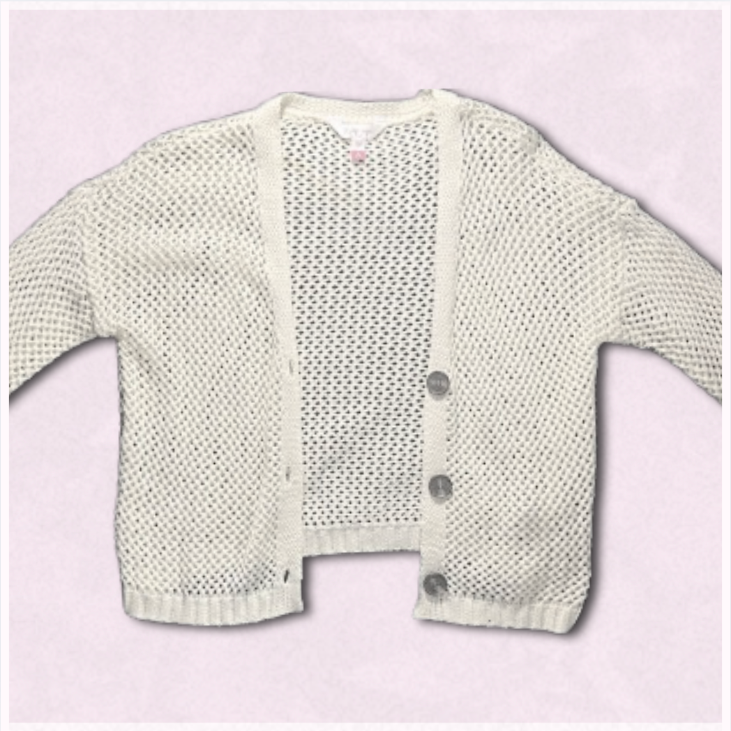 off-white knitted cardigan with brown buttons
