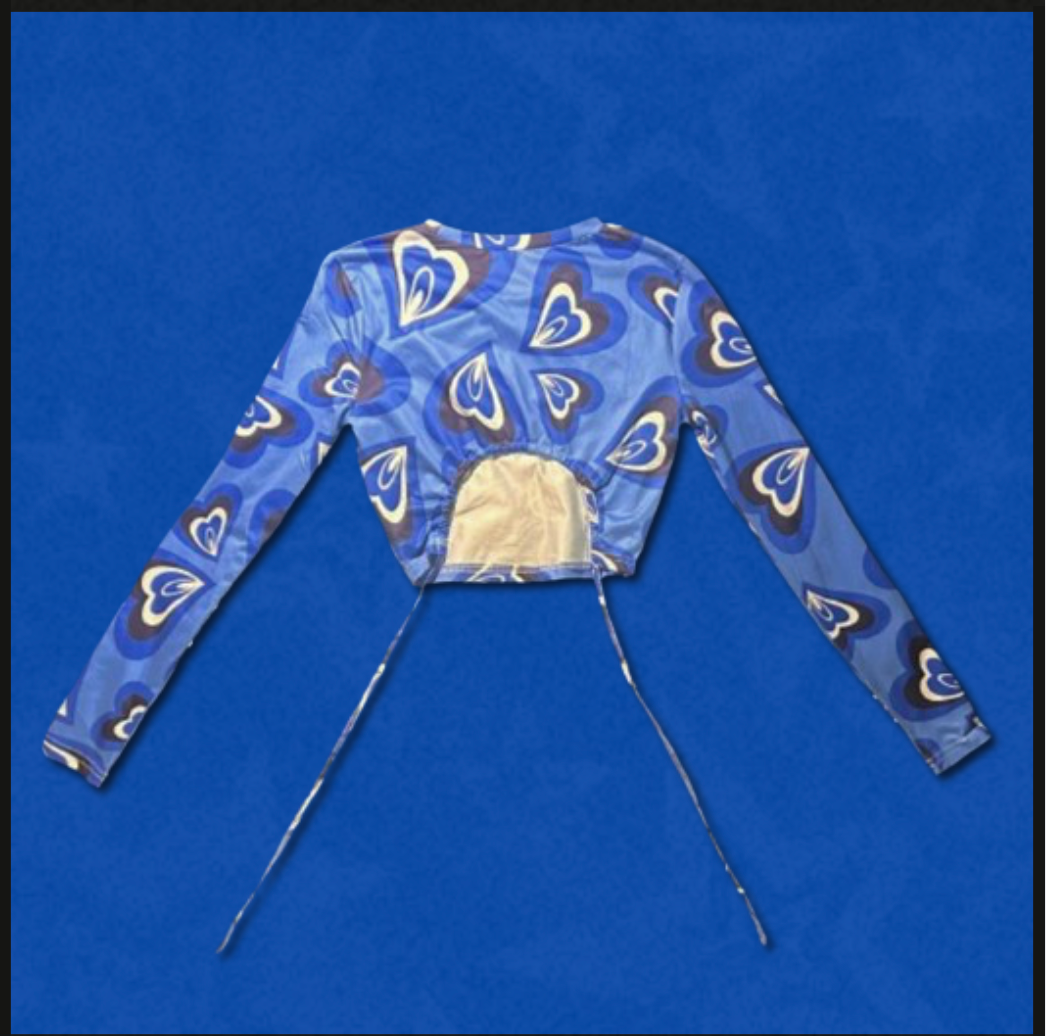blue + black/white shirt with heart design
