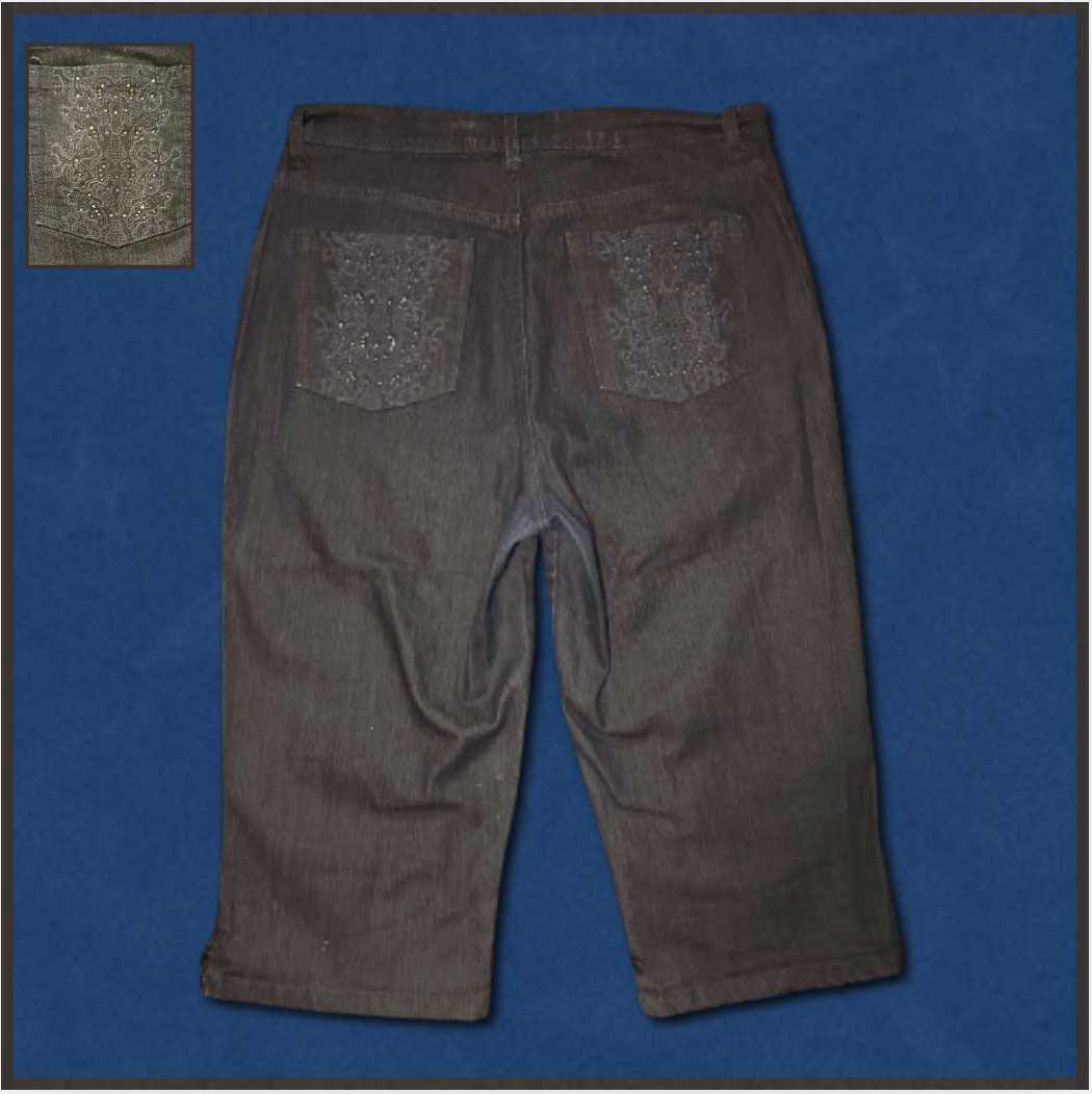 dark-wash capri jeans with blue/gem back pocket design