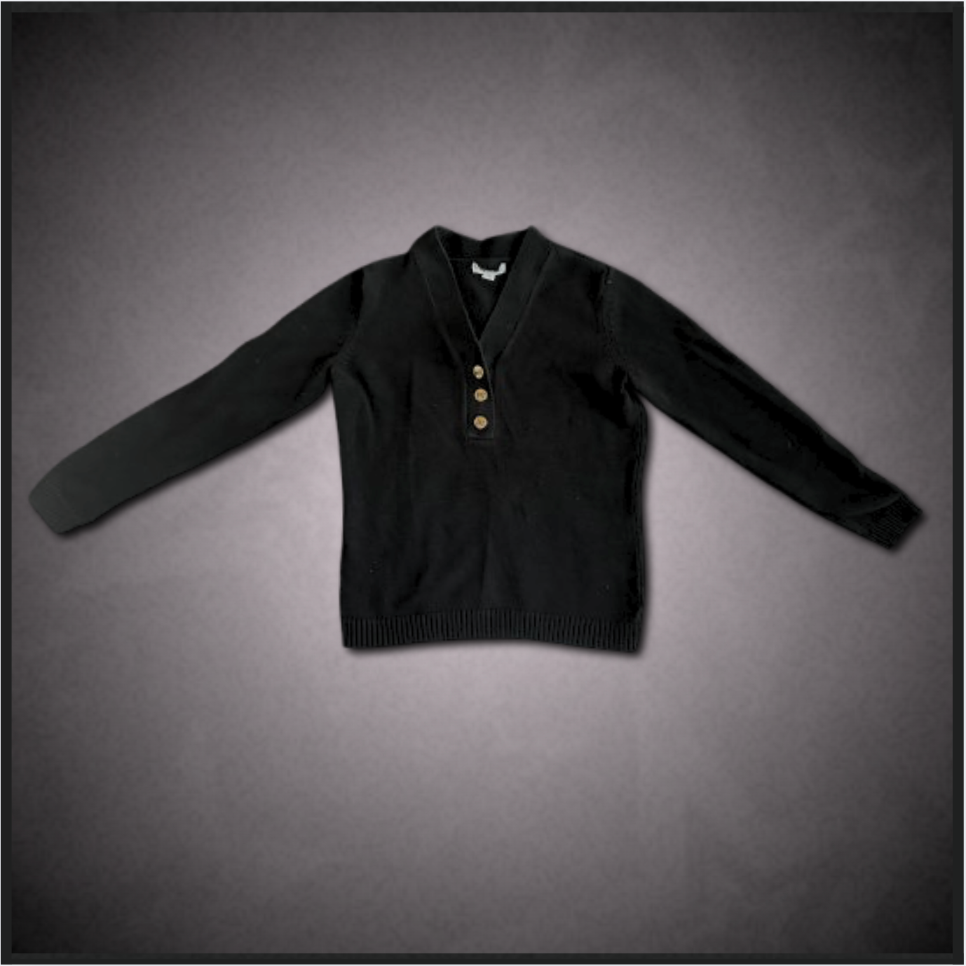 black v-neck sweater with gold buttons