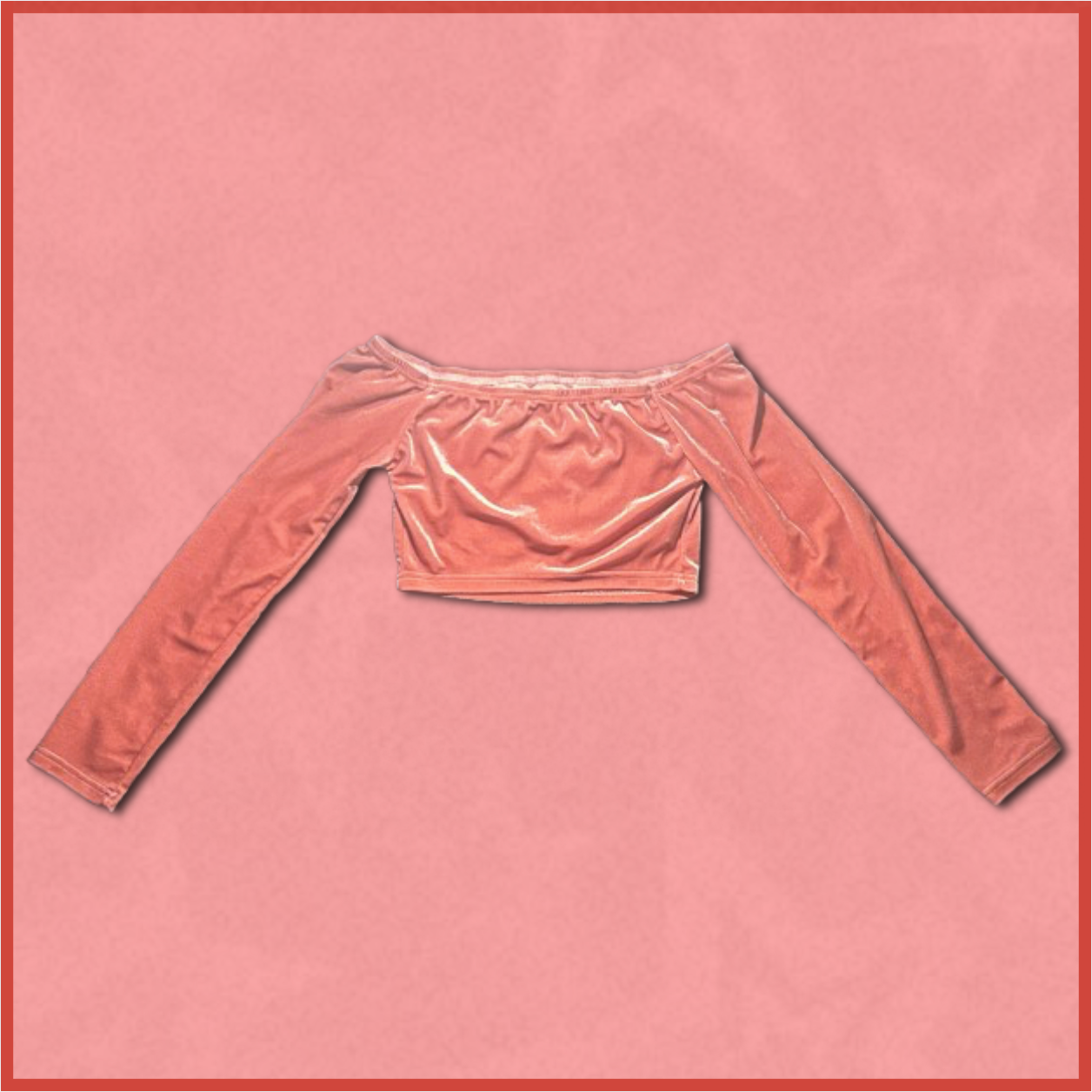 pinkish orange velvet off-shoulder long-sleeve cropped top