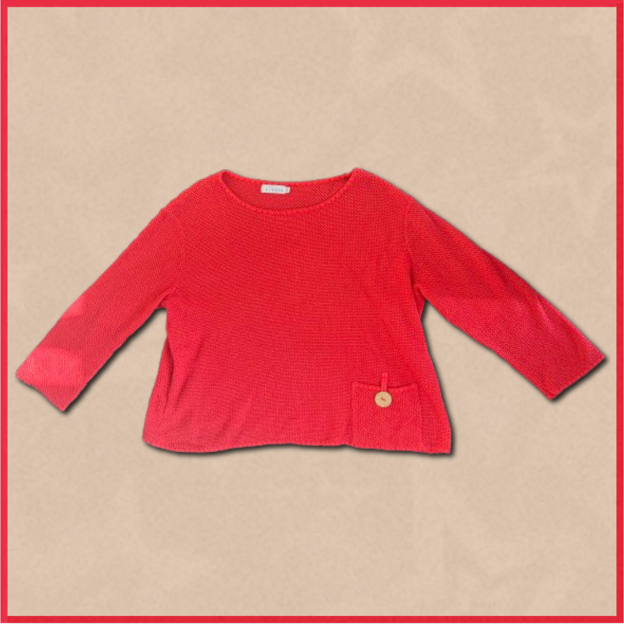 red knitted sweater with button/pocket design