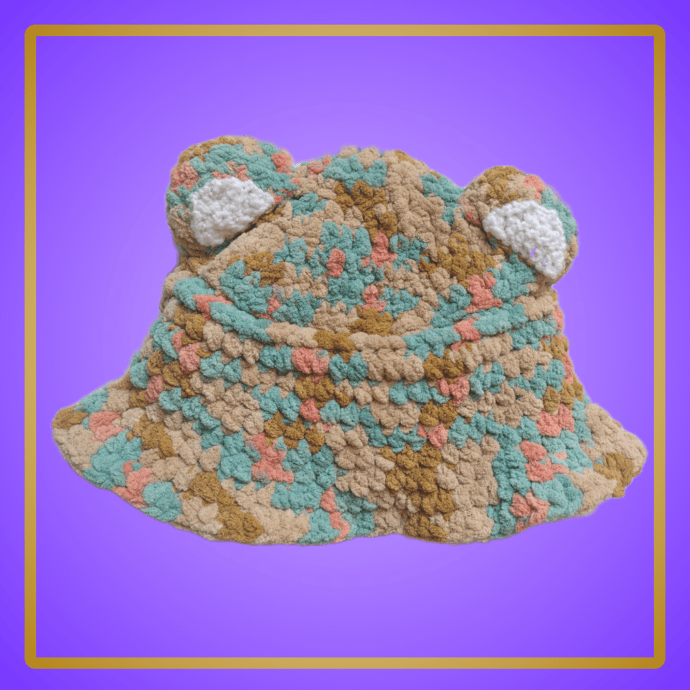brown/blue/pink bear bucket hat