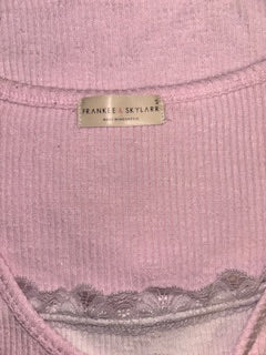 Pink Buttoned Top with White Lace Trim