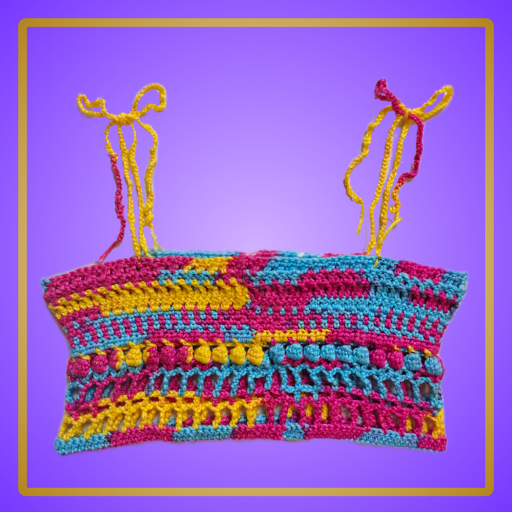 pink/blue/yellow crop top with adjustable tie straps