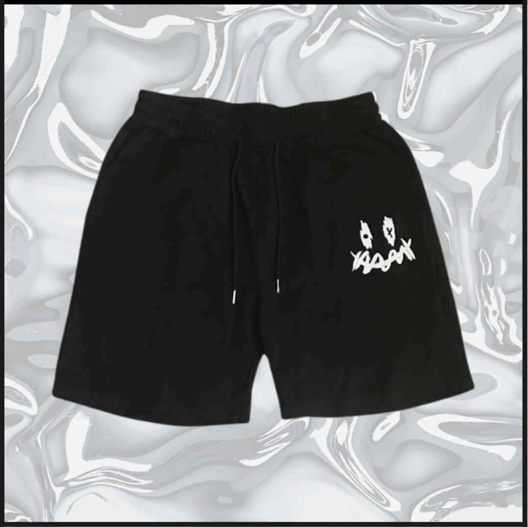 black jogger shorts with smiley symbol