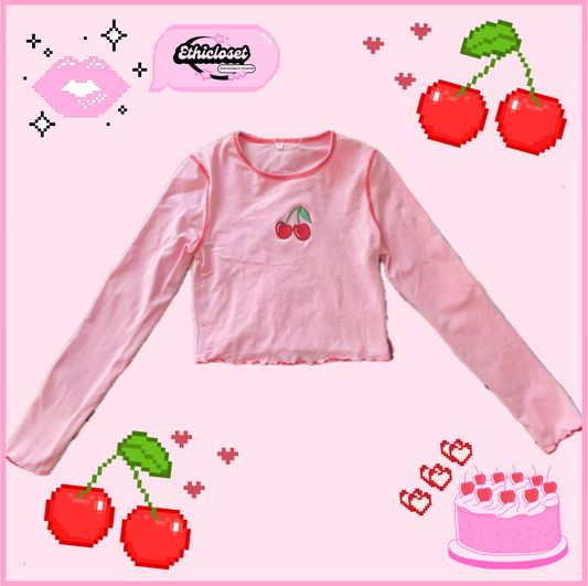 pink/red long-sleeved fitting cherry embroidered top