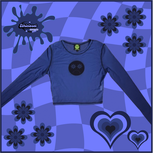 dark blue mesh shirt with black frowny face design