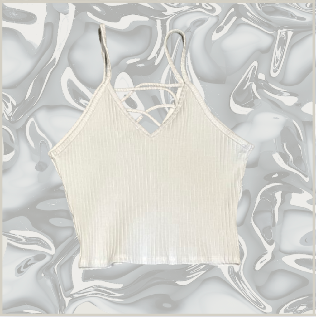 white tank top with v-neck criss-cross design