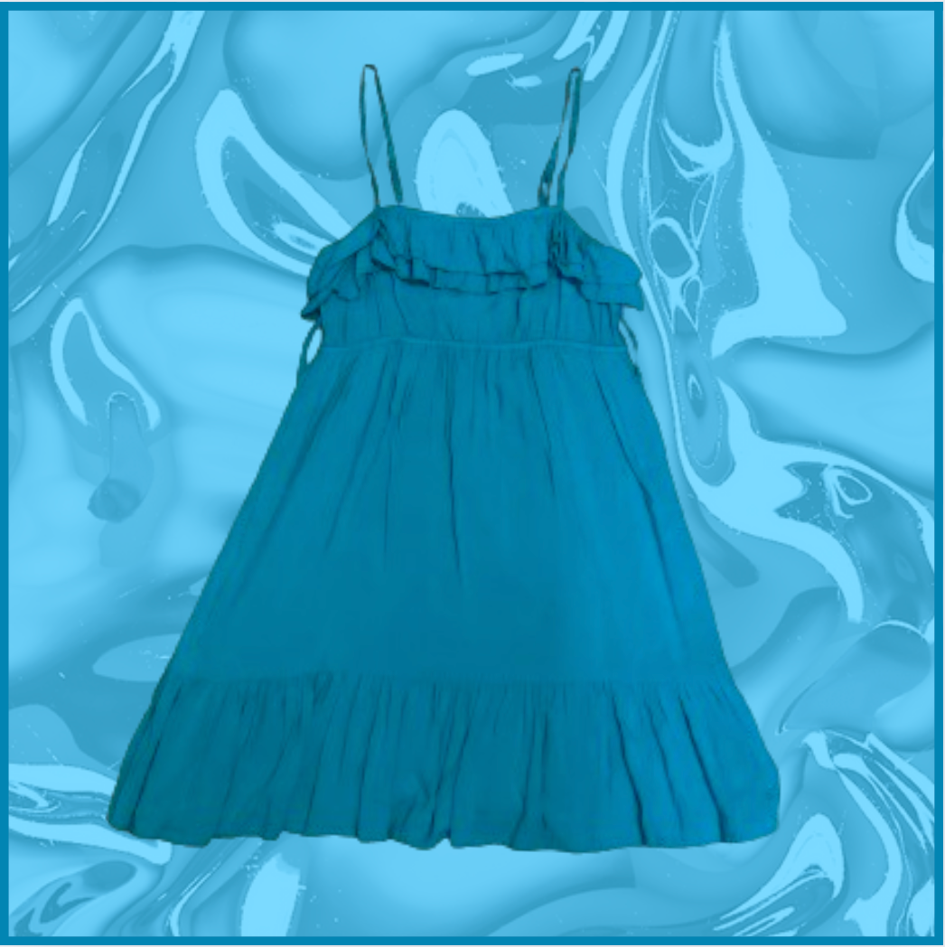 short greenish blue dress with frill top