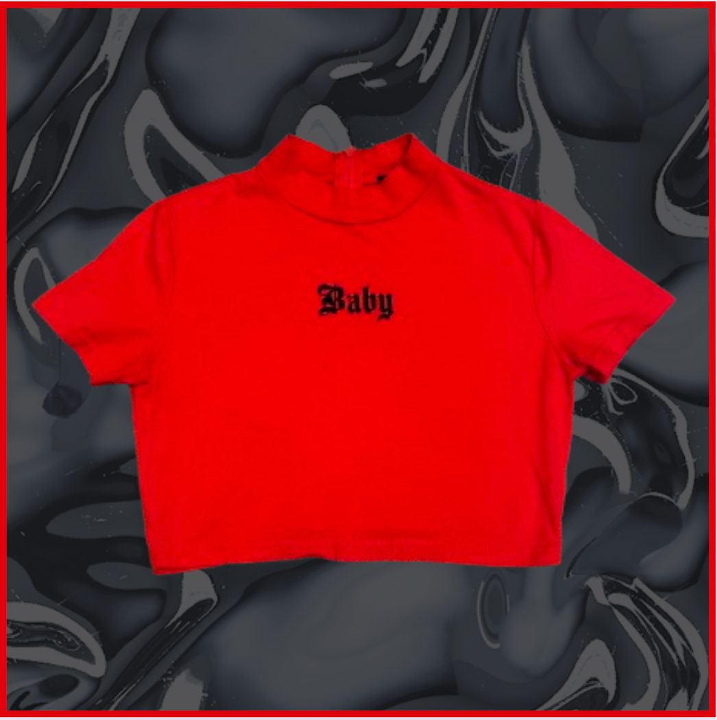 deep red "baby" embroidered crop top with zipper on back